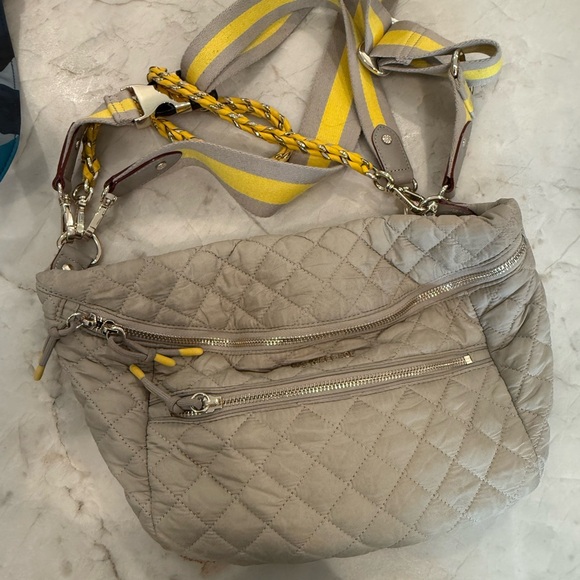MZ Wallace Handbags - MZ Wallace Quilted Crossbody Shoulder Bag in Light Taupe with Yellow Strap